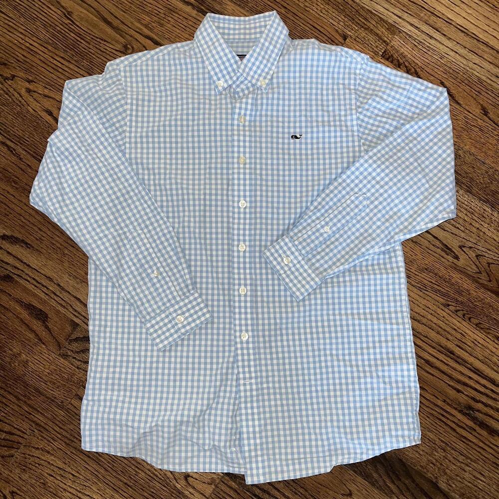 Vineyard Vines Boys Blue Gingham Whale Shirt Button Down Long Sleeve Large 16-18